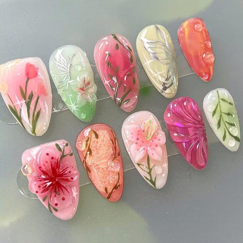 CJDLTS Colorful Flower Press on Nails Medium Almond Artificial Acrylic Nail 3D Blush Floral with Bubble Design Stick on Nails Full Cover Reusable Coffin Glue on Nail Artificial Fingernails for Women - Image 1